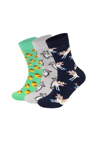 Trzy pary skarpetek: zielone w żółte wzory kaczek, szare w czarne wzory lam i granatowe z jasnobrązowymi ilustracjami psów.
