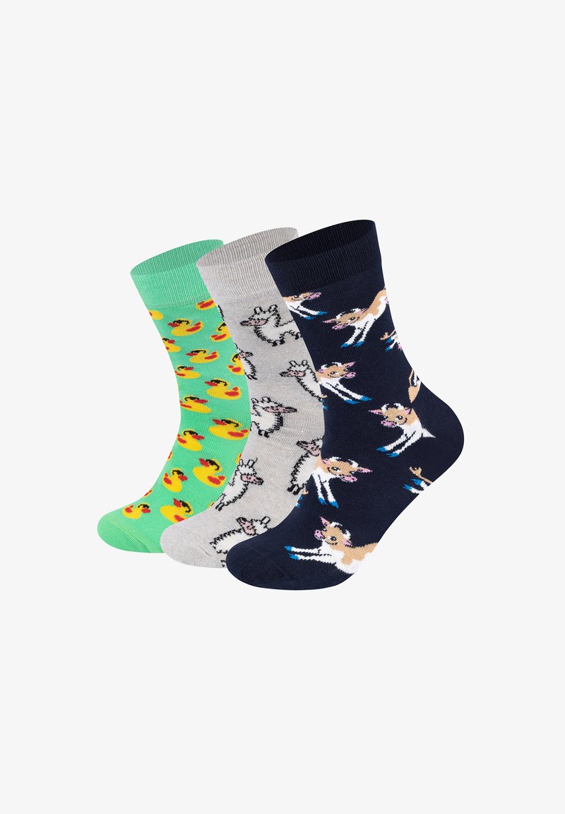 Trzy pary skarpetek: zielone w żółte wzory kaczek, szare w czarne wzory lam i granatowe z jasnobrązowymi ilustracjami psów.