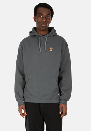 Gray sweatshirt with a hood, kangaroo pocket, and drawstrings. Features a small orange embroidered design on the chest. Made from soft fabric.