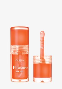 Olej do ust w przezroczystym opakowaniu z pomarańczowym zabarwieniem i błyszczącym wykończeniem. Zawiera aplikator w formie patyczka. Napis: "PUPA Pleasure LIP OIL."