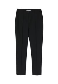 Pantaloni negri cu un design elegant, prezentând o închidere frontală cu buton, plissuri structurale și o croială conică, realizată dintr-o țesătură netedă.