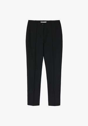 Melnas bikses eleganta dizainā, ar priekšējo pogu aizdari, strukturētām krokām un šauru piegriezumu ar gludu auduma struktūru.