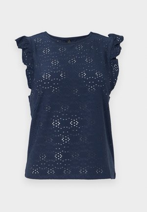 Blusa sin mangas azul marino con patrón de encaje con ojales y mangas farol fruncidas, escote redondo y dobladillo recto.