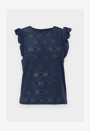 Blusa smanicata blu navy con motivo in pizzo sangallo e maniche corte arricciate, scollo rotondo e orlo dritto.