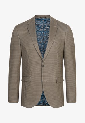 Beige checkered blazer with two front pockets and double button closure. Lined with a blue paisley pattern. Textured fabric.