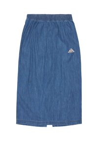 Denim rok met elastische tailleband, middellang, in mediumblauw. Voorzien van een kleine driehoekige logo patch aan de voorkant links. Gladde textuur.