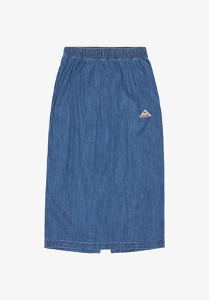 Denim skirt with elastic waistband, mid-length, in medium blue. Features a small triangular logo patch on the front left. Smooth texture.
