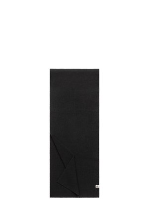 Schwarzer gestrickter Schal mit strukturierter Oberfläche, der eine gefaltete Ecke und ein kleines Markenlabel am Rand aufweist. Rechteckige Form.