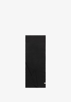 Black knitted scarf with a textured surface, featuring a folded corner and a small brand label on the edge. Rectangular shape.