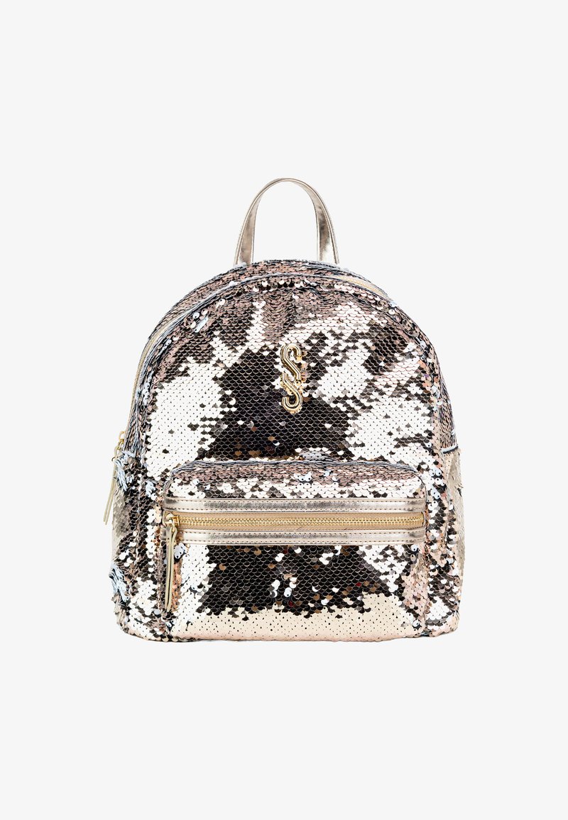 Plecak z cekinami w kolorze złotym, srebrnym i różowo-złotym, o zaokrąglonym kształcie, z podwójnymi zameczkami i uchwytem do noszenia.