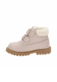 Stivale per bambini in pelle rosa con interno in pelliccia sintetica, due strap a velcro, suola in gomma marrone robusta e design con punta arrotondata.