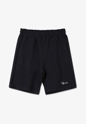 Črne hlače iz teksturiranega blaga z diamantnim vzorcem, elastičen pas in bel logotip na spodnjem desnem delu noge.