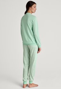 Mintgrünes Pyjama-Set mit einem einfarbigen Langarmoberteil und gemusterten, elastischen Bündchenhosen mit floralen und geometrischen Designs.