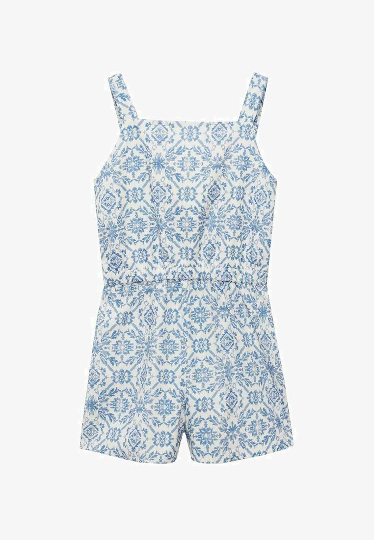 Bomullsoverall med blå och vit blommönster, fyrkantig halsringning, tunna axelband och elastisk midja med shorts.