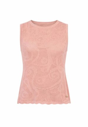 Top lavorato a maglia rosa senza maniche con scollo rotondo, caratterizzato da un motivo a vortice strutturato e orlo smerlato.