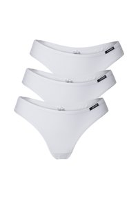 Ensemble de trois strings en coton blanc. Présente une texture lisse, des côtés étroits, et un label de marque noir sur la taille.