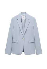 Jasnoniebieska marynarka o dopasowanym kroju z jednym guzikiem, klapami w kształcie notcha, dwoma przednimi kieszeniami oraz gładkim, teksturowanym materiałem.