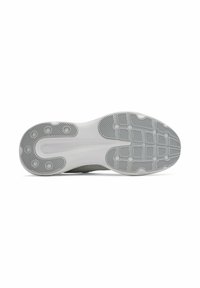 Shoe sole in grey and white; features textured rubber for grip, with circular and grid patterns for traction and stability.