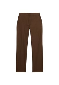 Pantaloni marroni con un motivo a griglia testurizzato, design a gamba dritta e tasche laterali. Realizzati in un tessuto liscio con una vestibilità su misura.