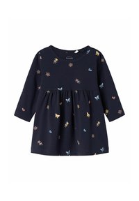 Vestido de marina hecho de una tela suave con mangas largas. Presenta una cintura fruncida y estampados de flores y corazones multicolores.