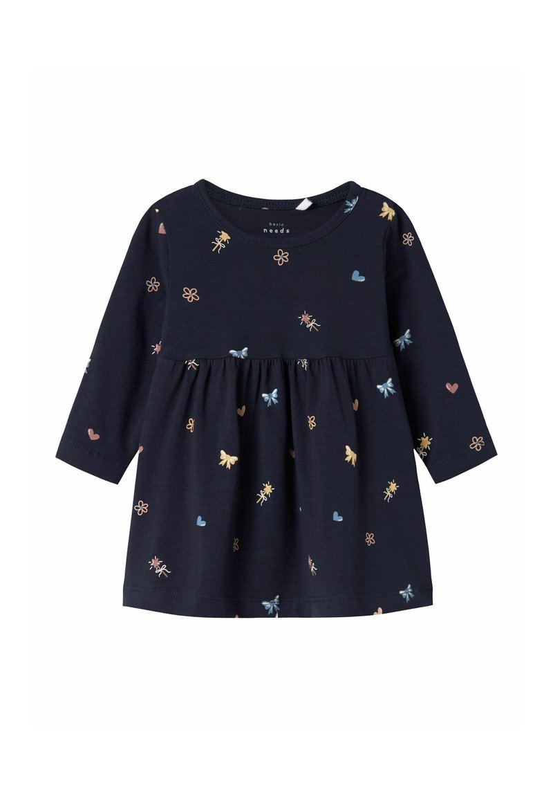 Vestido de marina hecho de una tela suave con mangas largas. Presenta una cintura fruncida y estampados de flores y corazones multicolores.