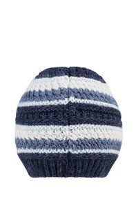 Knitted beanie featuring navy, light blue, and white horizontal stripes. Soft texture with a rounded top and ribbed cuff.