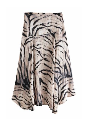Asymmetrisk beige kjol med svart tigerrandmönster och texturerad tyg.