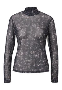 Langarm top met een hogere hals in doorschijnende zwarte stof met een gestructureerd geometrisch patroon in lichtroze en witte accenten.