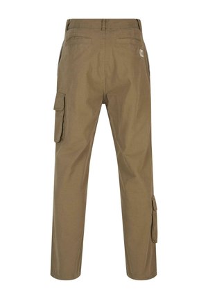 Khaki színű cargo nadrág, egyenes lábbal, két oldalsó zsebből és egy hátsó foltból áll. Tartós anyagból készült, sima textúrával.