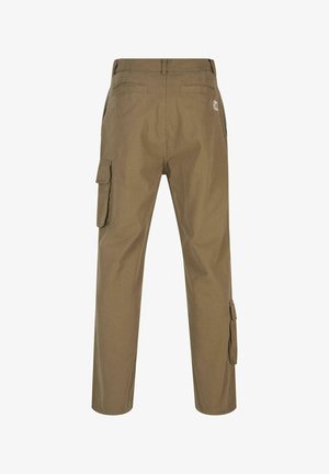 Spodnie cargo w kolorze khaki, z prostymi nogawkami, dwoma bocznymi kieszeniami i naszywką w tylnej części. Wykonane z wytrzymałego materiału o gładkiej strukturze.