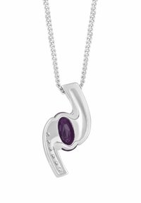 Ciondolo in argento con una pietra ovale viola e sei piccole pietre trasparenti disposte su un lato; include una catena in argento abbinata.