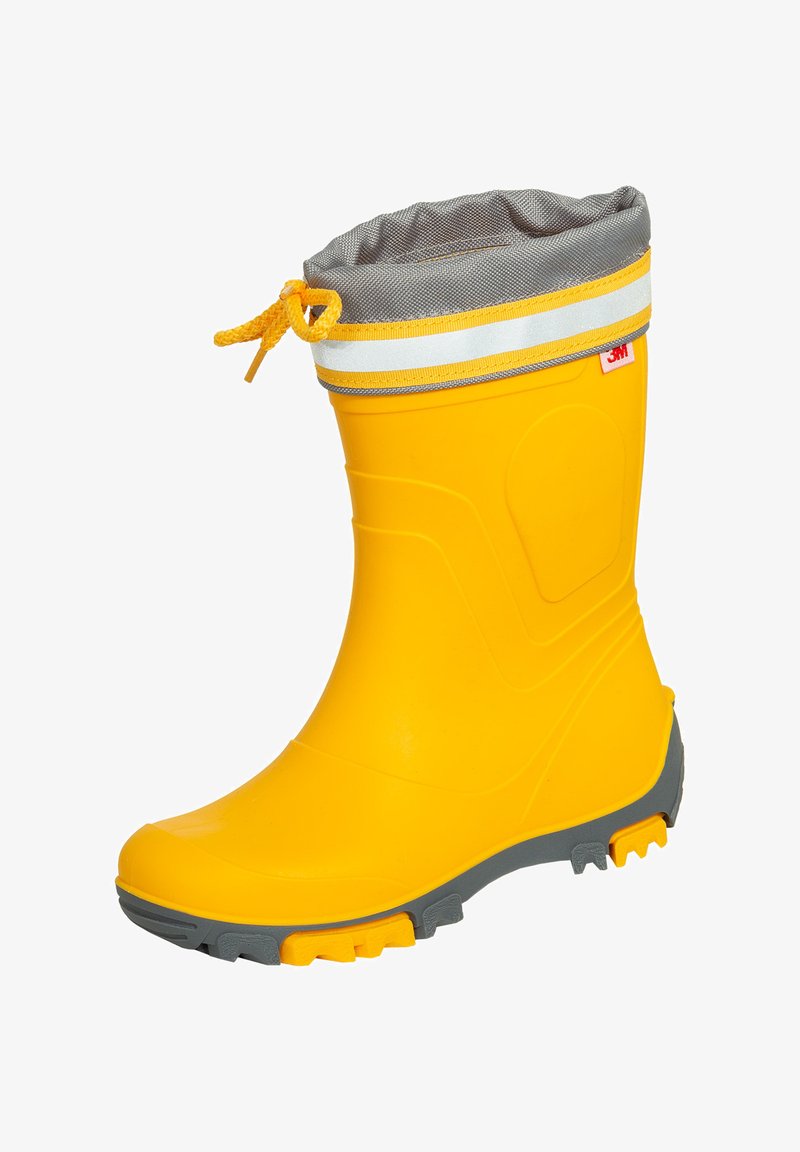 Yellow rubber boot with grey and reflective accents. Features a drawstring top and textured sole for grip. Smooth outer surface.