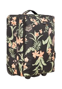 Zwarte koffer met wielen, versierd met een bloemmotief van roze en groene bloemen, gemaakt van stof met stevige ritsen en een zijhandvat.