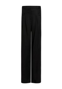 Schwarze weit geschnittene Hose aus glattem Material mit hoher Taille, zwei seitlichen Taschen und gefälteltem Detail an der Vorderseite für Struktur.