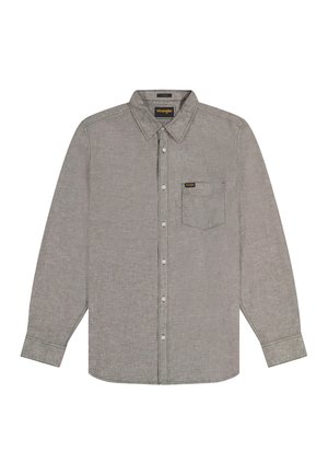 Long-sleeve gray button-up shirt with collar, single chest pocket, and Wrangler brand label on pocket and inside collar.