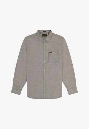 Long-sleeve gray button-up shirt with collar, single chest pocket, and Wrangler brand label on pocket and inside collar.