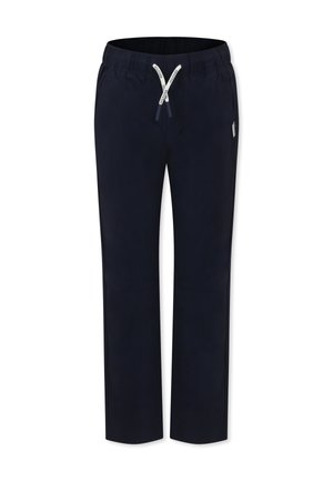 Pantaloni felpati navy con vita elasticizzata, coulisse, tasche laterali e design a gamba dritta. Realizzati in tessuto morbido e leggero.