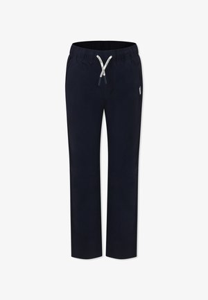 Pantaloni felpati navy con vita elasticizzata, coulisse, tasche laterali e design a gamba dritta. Realizzati in tessuto morbido e leggero.