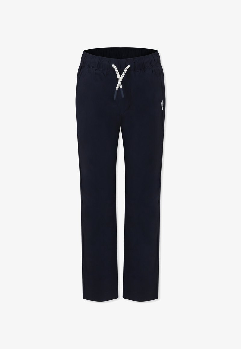 Pantaloni felpati navy con vita elasticizzata, coulisse, tasche laterali e design a gamba dritta. Realizzati in tessuto morbido e leggero.