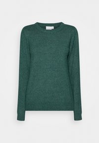 Green knitted sweater with a round neckline, long sleeves, and a soft texture. Features ribbed cuffs and hem, no patterns or additional accents.
