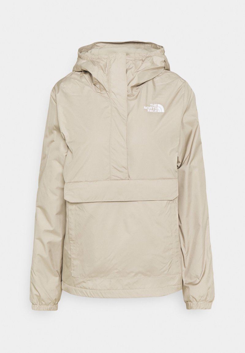 Beige pulloverjack met capuchon, voorzien van een voorvak met kangoeroe-ontwerp en elastische manchetten. Inclusief een klein wit logo op de borst.