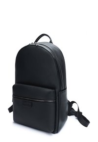 Black leather backpack with an arch design, featuring a front zip pocket, adjustable straps, and textured surface. Zippered closure on top.