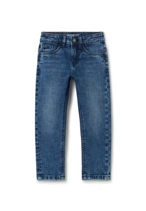 Niebieskie dziecięce jeansy z denimu z wyblakłym efektem, frontowym guzikiem, szlufkami na pasek i designem z pięcioma kieszeniami, ułożone płasko na białym tle.