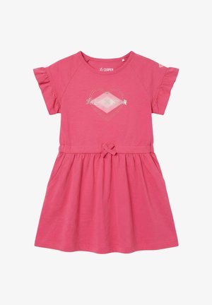 Robe rose à manches courtes avec manches volantées, taille élastique avec un nœud, motif à pois en forme de cœur et logo "Le Cooper" sur le devant.