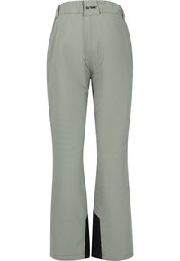 Vaaleanharmaat hiihtohousut, joissa on leveälahkeinen malli, mustat yksityiskohdat lahkeissa ja sileä pinta. Varustettu brändätyllä vyötärönauhalla.