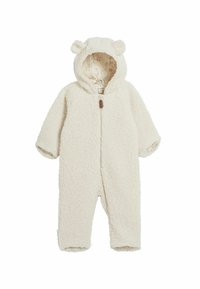 Hvid fleece heldragt med en tekstureret, fluffy overflade, en frontlynlås og en hætte med bjørneører. Indersiden har et mønsterdesign.