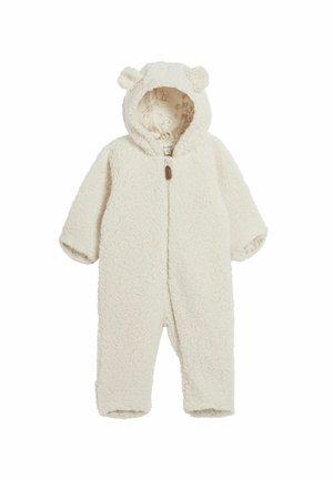 Hvid fleece heldragt med en tekstureret, fluffy overflade, en frontlynlås og en hætte med bjørneører. Indersiden har et mønsterdesign.