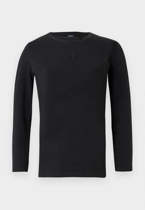 Black long-sleeve T-shirt made of cotton, featuring a round neckline and a subtle rhinestone design on the chest. Soft texture.