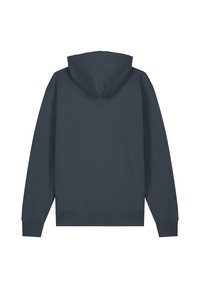 Dunkelgrauer Pullover-Hoodie mit verstellbarem Kapuzenzug, langen Ärmeln und gerippten Bündchen. Glatte Textur, keine sichtbaren Logos oder Muster.