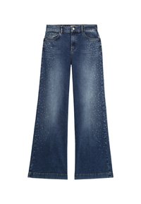 Brede pijpen jeans in donker denim, met een studsontwerp aan de voorkant, vier zakken en een knoopsluiting. Gelaagde afwerking met minimale vervaging.